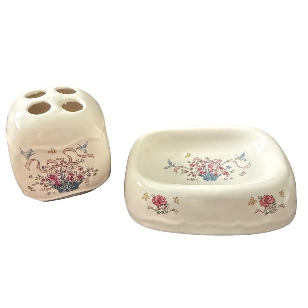 Vintage Soap Dish & Toothbrush Holder Bathroom Blue Bird Floral Bows Cottagecore